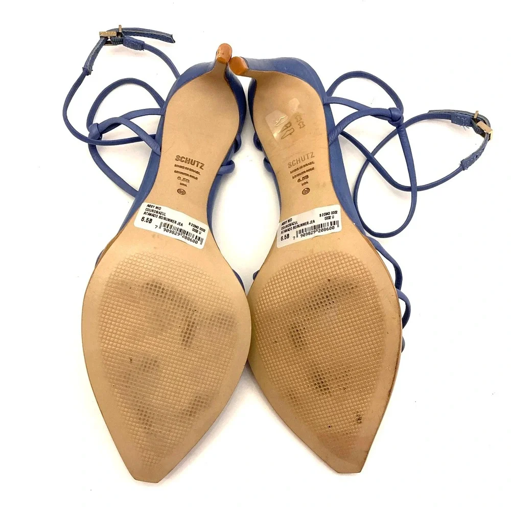 Schutz Abby Blue Leather Point Toe Strappy Wrap Around Stiletto Heels Womens 6.5